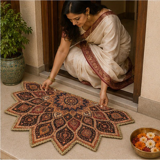 Avioni Home Royal Lotus Mandala Floor Mat | Vintage Persian Bohemian Floral Design | Anti-Slip, Washable & Durable | Indoor & Outdoor Entrance Door Mat