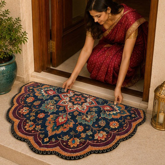 Avioni Home Scalloped Persian Floral Floor Mat | Vintage Bohemian Medallion Design | Anti-Slip, Washable & Durable | Indoor & Outdoor Entrance Door Mat
