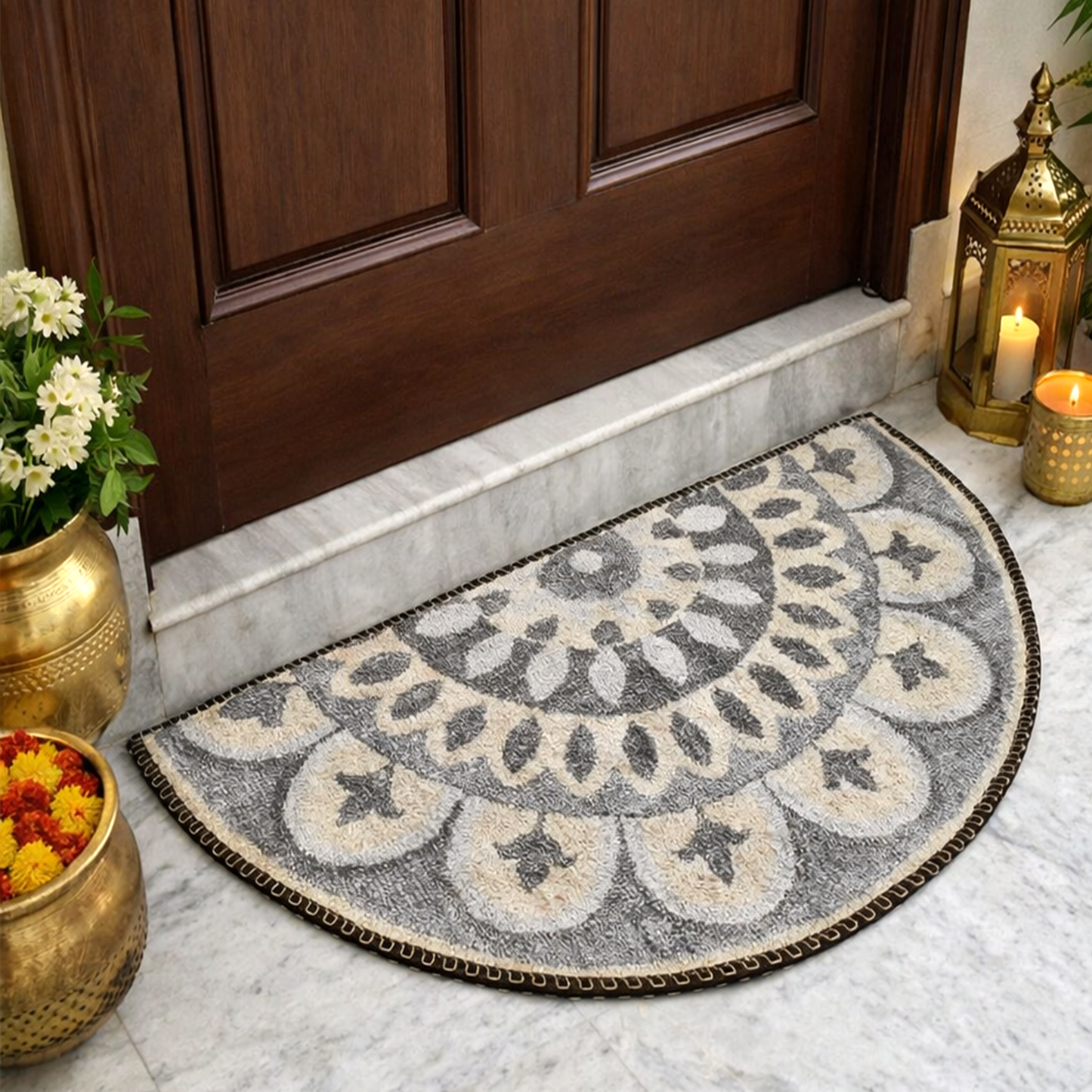 Avioni Home Floor Mats in Beautiful Rangoli Modern Semi Round Design | Anti Slip, Durable & Washable | Outdoor & Indoor