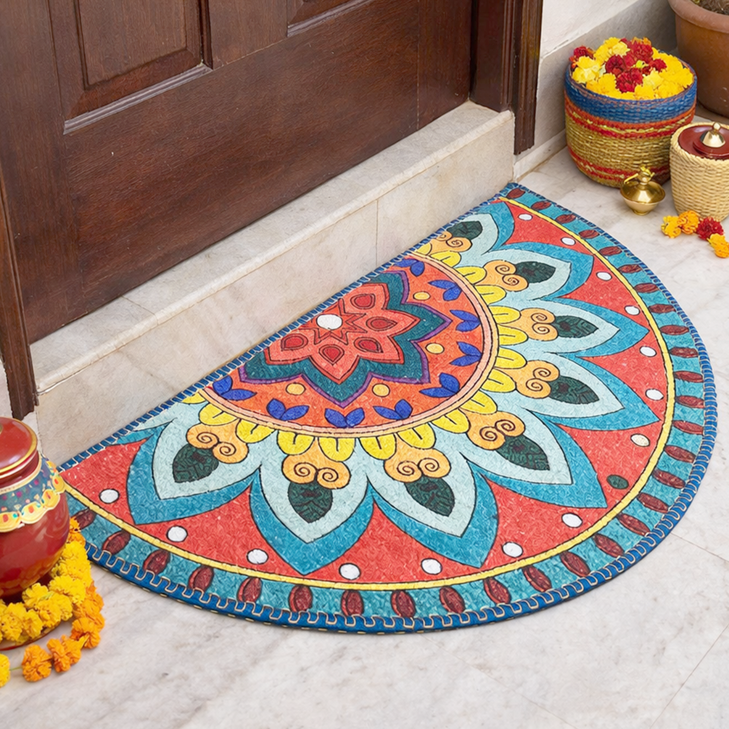 Avioni Home Floor Mats in Beautiful Rangoli Traditional Design | Anti Slip, Durable & Washable | Outdoor & Indoor