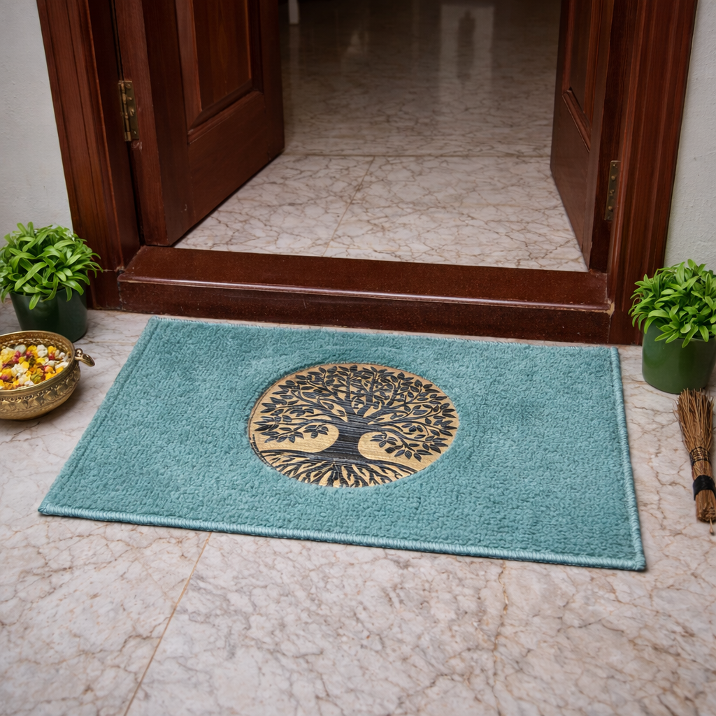 Avioni Desire Collection | Luxury Golden Touch Aqua Tree Floor Mat |  Soft And Plush Handmade Door Mats / BathMats -40x60 cms
