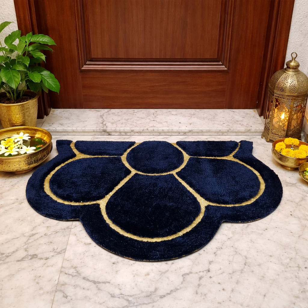 Avioni Divine Collection | Luxury Golden/Silver Touch Navy Blue Tufted Rug In Beautiful Flower Soft And Plush Handmade Door Mats | 25mm thick | BathMats -45x75 cms