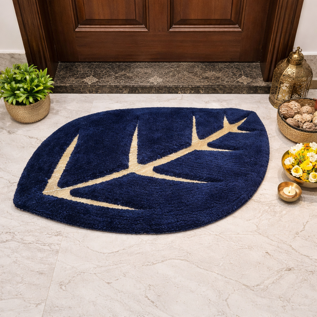 Avioni Divine Collection | Luxury Golden/Silver Touch Navy Blue Tufted Rug In Beautiful Leaf  Shaped Soft And Plush Handmade Door Mats | 25mm thickness | BathMats -45x82 cms