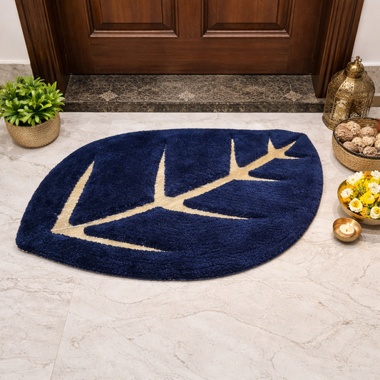 Avioni Divine Collection | Luxury Golden/Silver Touch Navy Blue Tufted Rug In Beautiful Leaf  Shaped Soft And Plush Handmade Door Mats | 25mm thickness | BathMats -45x82 cms