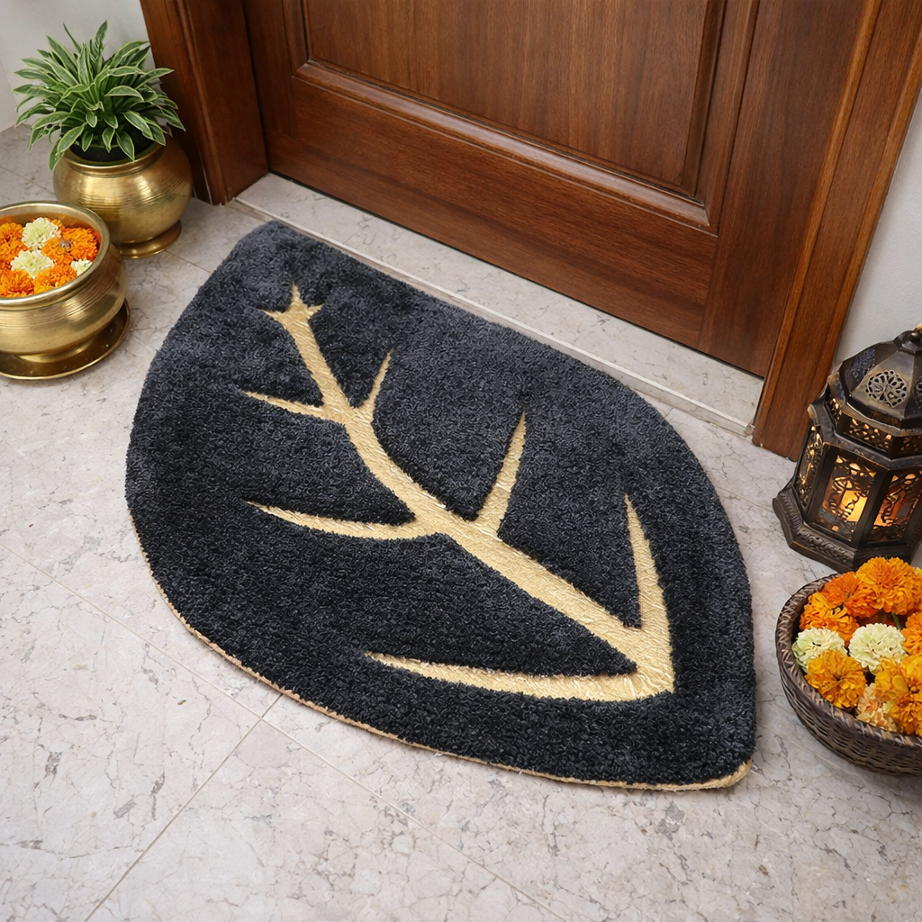 Avioni Divine Collection | Luxury Golden/Silver Touch Dark Grey Tufted Rug In Beautiful Leaf  Shaped Soft And Plush Handmade Door Mats | 25mm thickness | BathMats -45x82 cms (Copy)