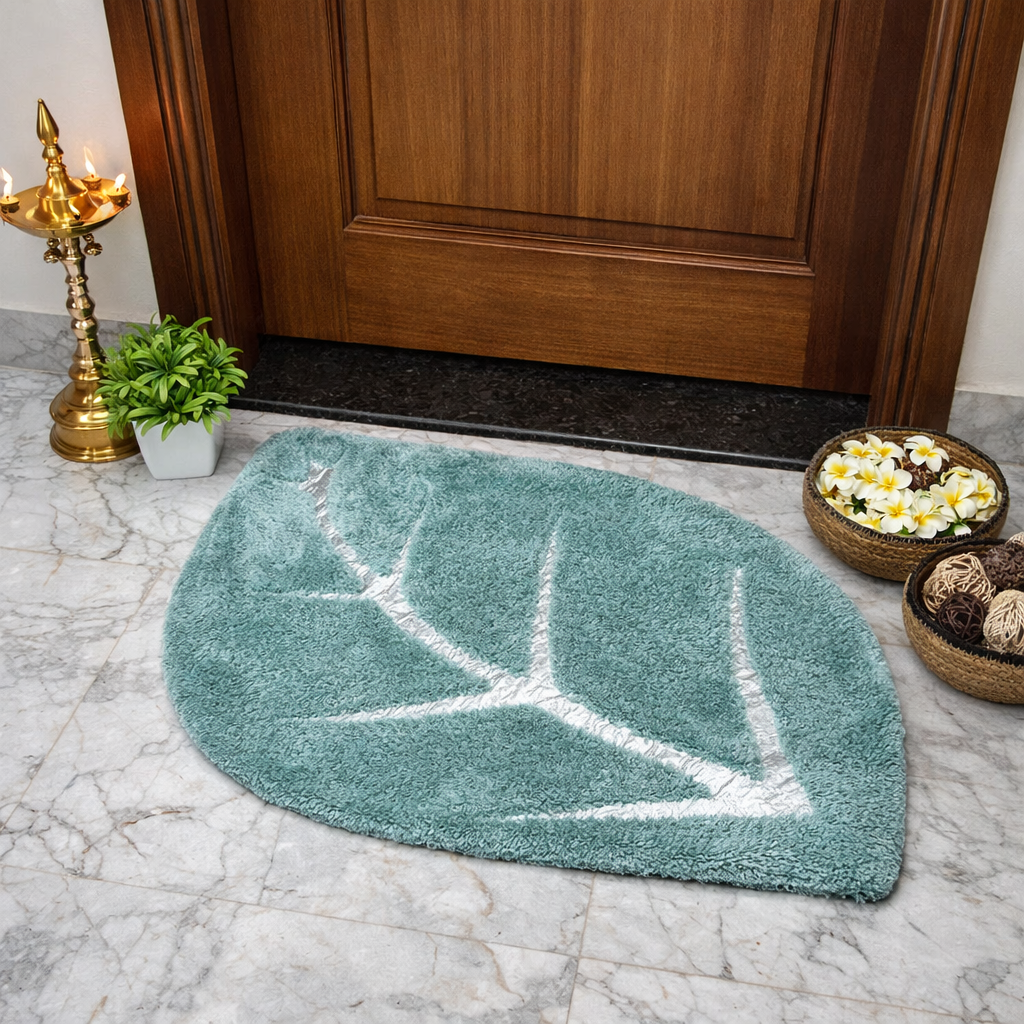 Avioni Divine Collection | Luxury Golden/Silver Touch Aqua Tufted Rug In Beautiful Leaf  Shaped Soft And Plush Handmade Door Mats | 25mm thickness | BathMats -45x82 cms