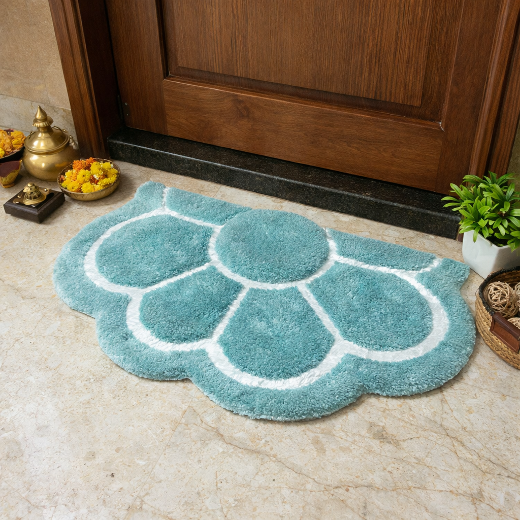 Avioni Divine Collection | Luxury Golden/Silver Touch Aqua Tufted Rug In Beautiful Flower Soft And Plush Handmade Door Mats | 25mm thick | BathMats -45x75 cms