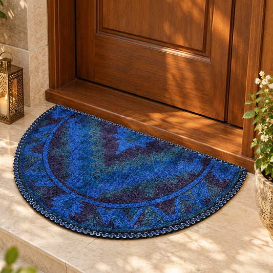 Avioni Home Indigo Tribal Medallion Semi-Circle Floor Mat | Vintage Bohemian Geometric Design | Anti-Slip, Washable & Durable | Indoor & Outdoor Entrance Door Mat