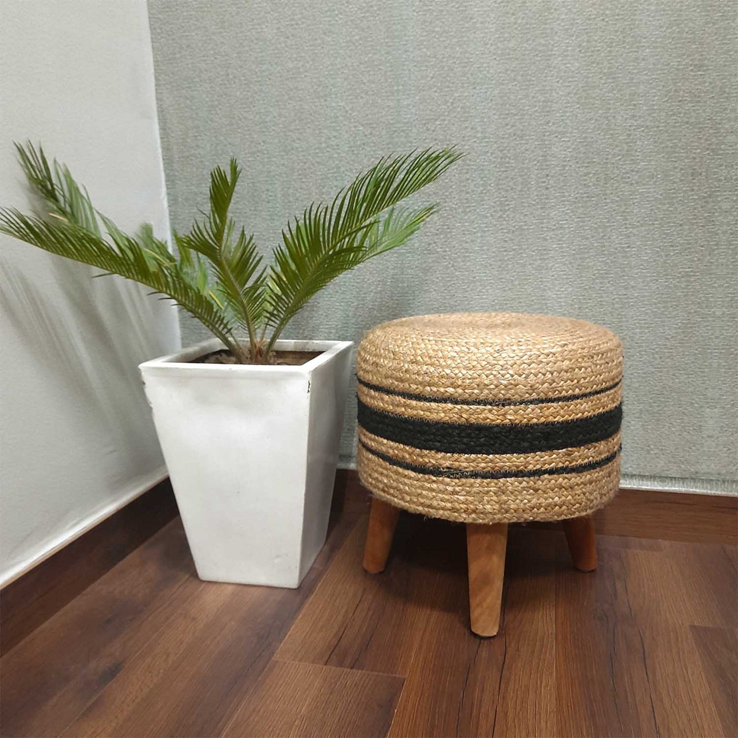 BIGMO Luxury Jute With Black Design Home Utility Padded Stool/ Ottoman (4 Legs-Added Stability-Natural Finish)