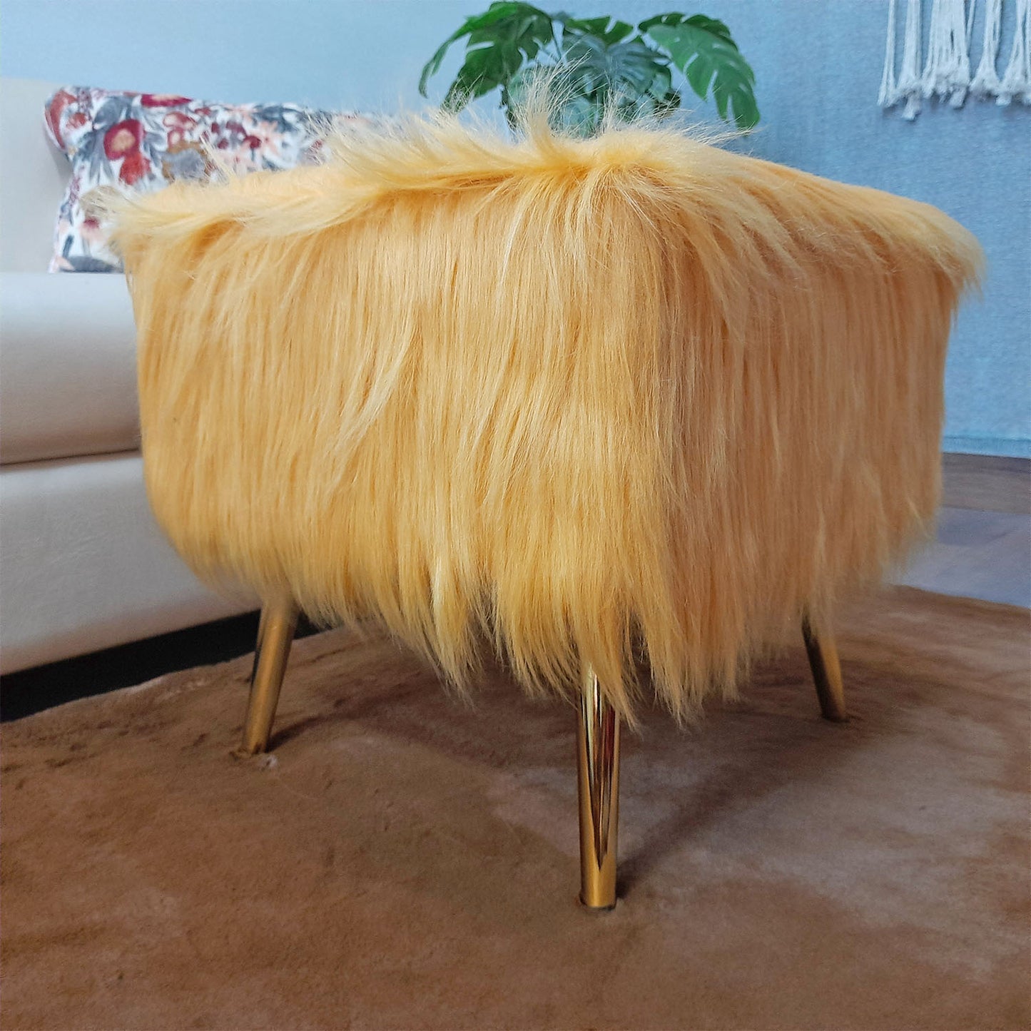 Noviato Collection – Amber Premium Long Faux Fur Footstool Gold Metal Legs Modern On-Trend Style Square Multi-Functional Ottoman Stool Seat, 40 cm Tall | from Avioni