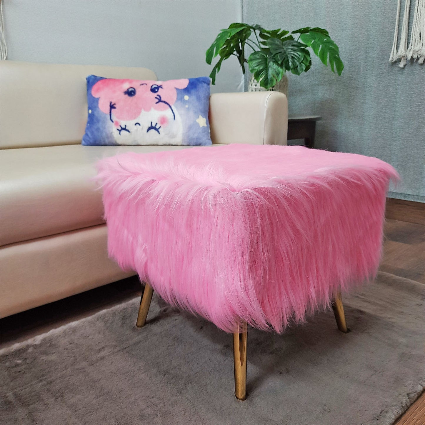 Noviato Collection – Pink Premium Long Faux Fur Footstool Gold Metal Legs Modern On-Trend Style Square Multi-Functional Ottoman Stool Seat, 40 cm Tall | from Avioni