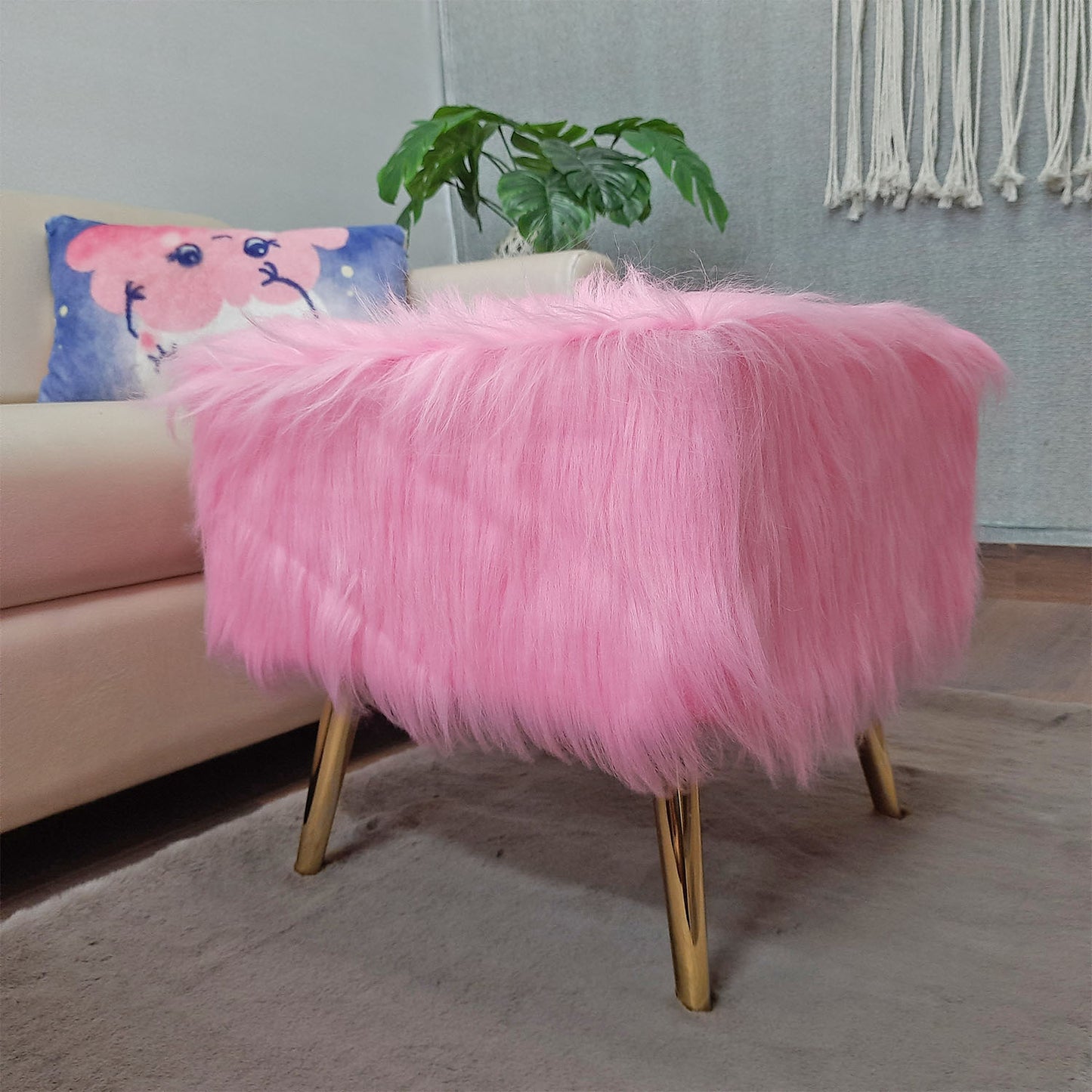 Noviato Collection – Pink Premium Long Faux Fur Footstool Gold Metal Legs Modern On-Trend Style Square Multi-Functional Ottoman Stool Seat, 40 cm Tall | from Avioni