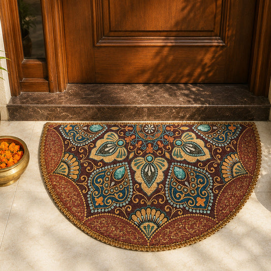 Avioni Home Semi Round Floral Rangoli Floor Mat | Vintage Bohemian Design | Anti-Slip, Washable & Durable | Indoor & Outdoor Entrance Door Mat