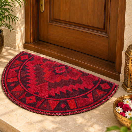 Avioni Home Red Tribal Medallion Semi-Circle Floor Mat | Bold Bohemian Geometric Design | Anti-Slip, Washable & Durable | Indoor & Outdoor Entrance Door Mat