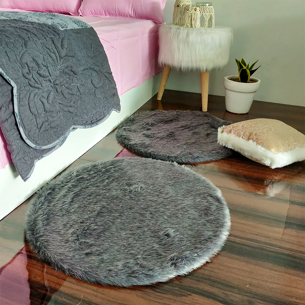 Shaggy Carpet – Premium Medium Faux Fur – 60 cm Round – Avioni Carpets- Grey Colour (1+1- set of 2 )