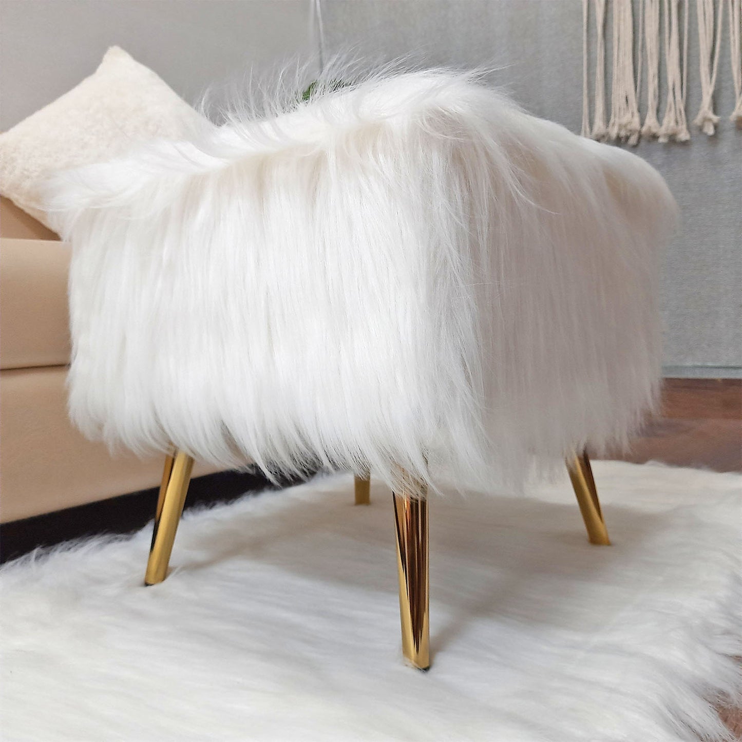 Noviato Collection – White Premium Long Faux Fur Footstool Gold Metal Legs Modern On-Trend Style Square Multi-Functional Ottoman Stool Seat, 40 cm Tall | from Avioni