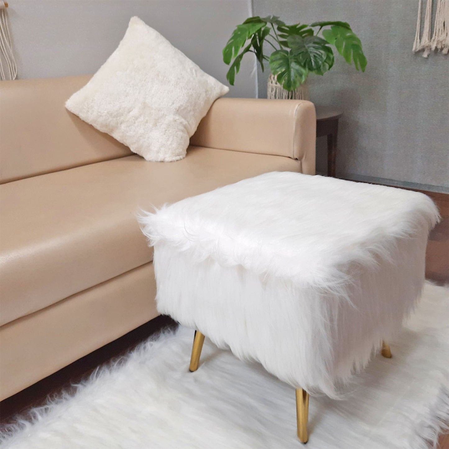 Noviato Collection – White Premium Long Faux Fur Footstool Gold Metal Legs Modern On-Trend Style Square Multi-Functional Ottoman Stool Seat, 40 cm Tall | from Avioni