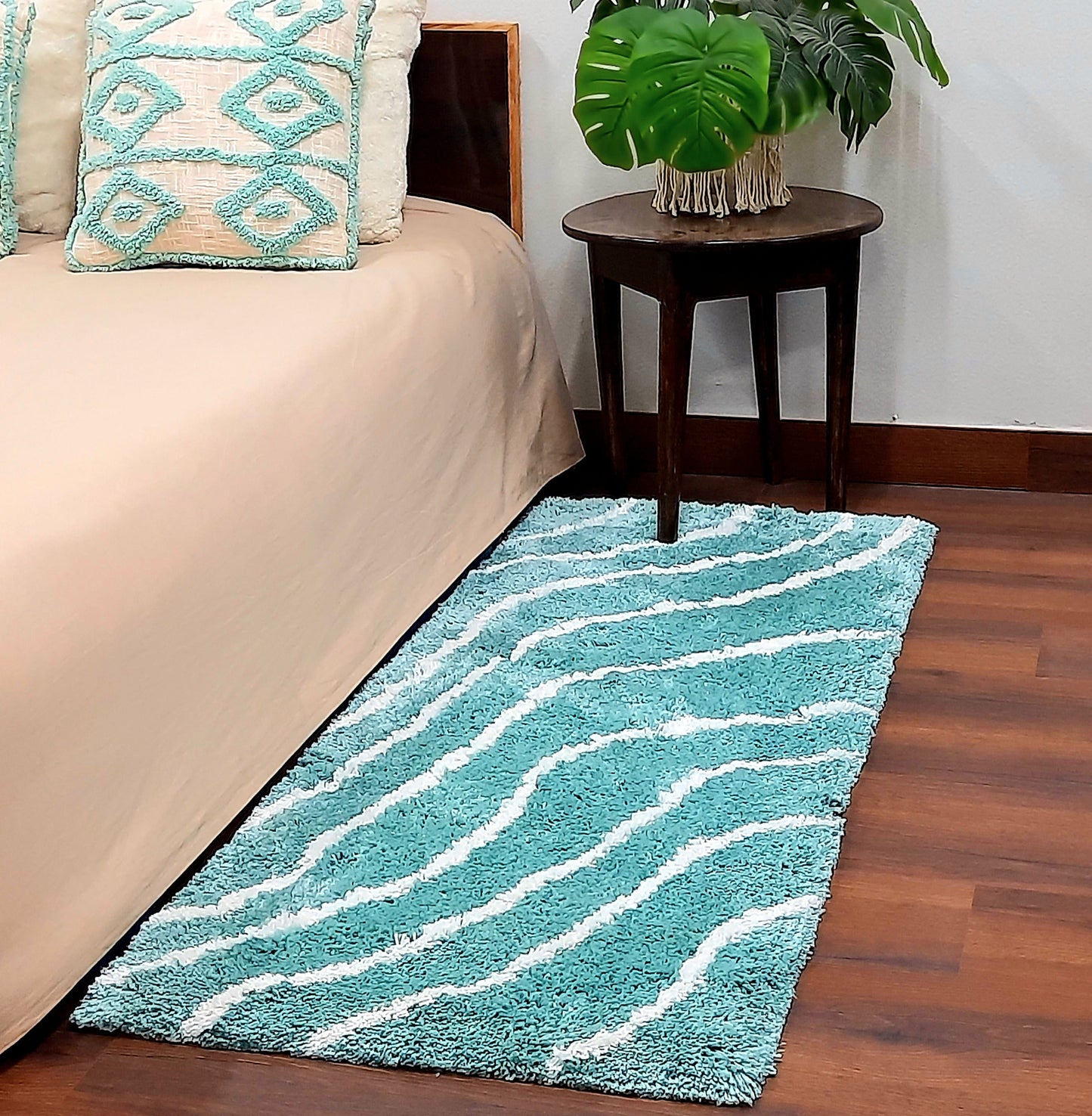 Handloom Shaggy Aqua Carpet With White Wave Design /Bedside Runners by Avioni Home